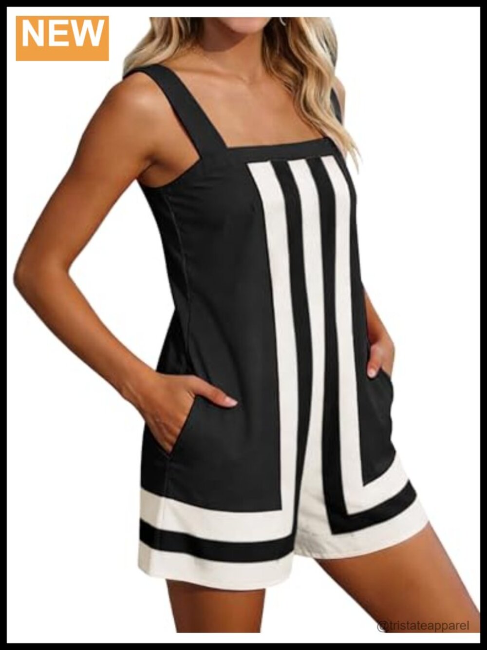 Womens Cotton Spandex Striped Patchwork Overalls Romper Square Neck Strappy